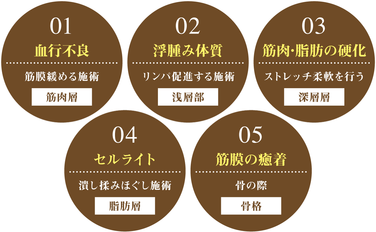 1.血行不良→筋膜緩める施術(筋肉層)、2.浮腫み体質→リンパ促進する施術(浅層部)、3.筋肉・脂肪の硬化→ストレッチ柔軟を行う(深層層)、4.セルライト→潰し揉みほぐし施術(脂肪層)、5.筋膜の癒着→骨の際(骨格)